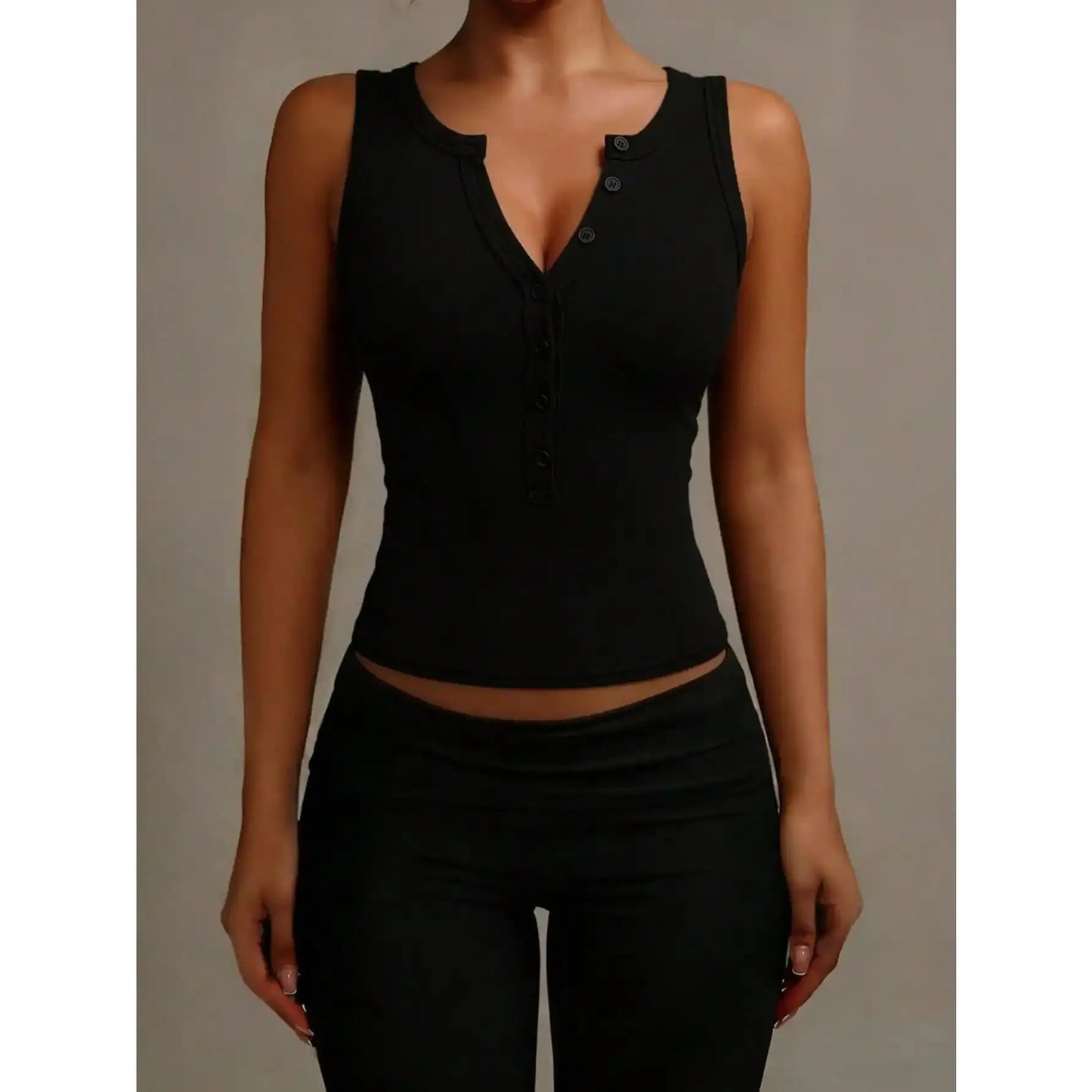 ASANDY Women'S Summer Minimalist Solid Black Sleeveless Fitted Tank Top with Button Half Placket, Casual Sporty Sports Top for Yoga Workouts, Sporty Sports Tops