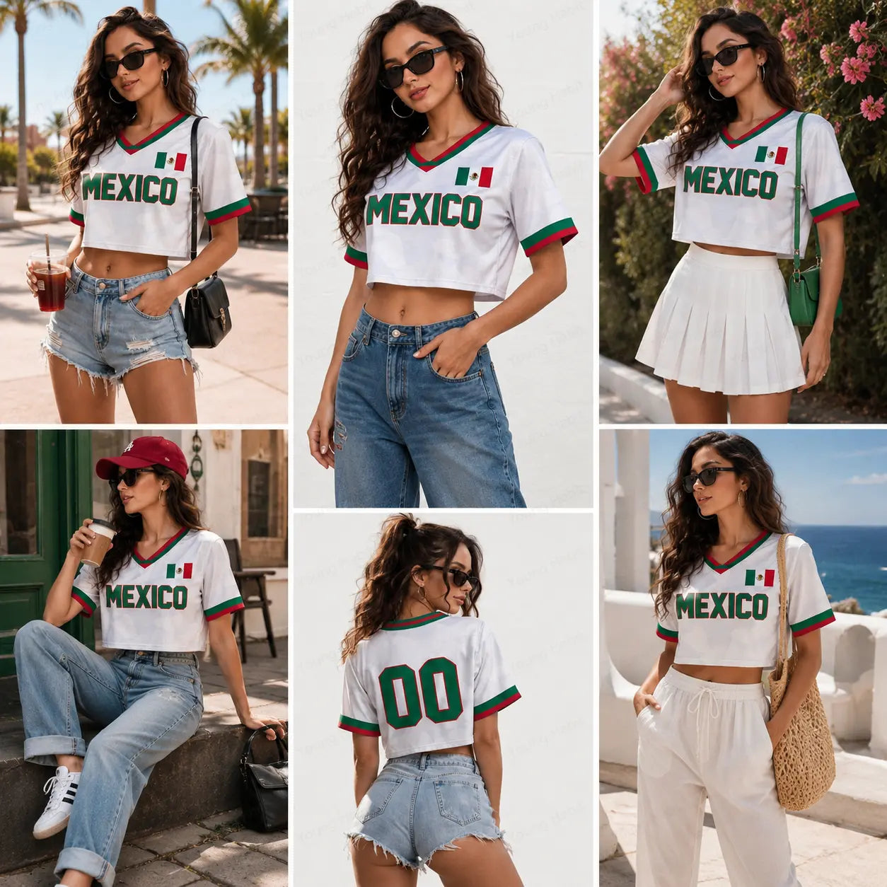 Mexico Crop Jersey Women White Mexican Flag Graphic V Neck Short Sleeve Crop Top MEXICO Football Shirt 00 Back Print Y2K Streetwear Futbol Fan Apparel Cinco De Mayo Summer Outfit Casual Sports Tee Latin Pride Gift for Women