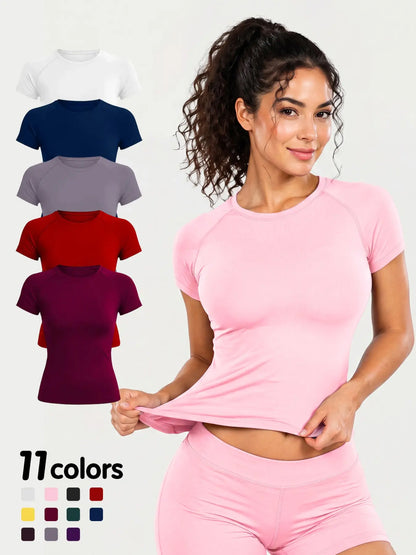 Women'S New Nylon High Stretch Moisture Wicking Seamless Short Sleeve Fitness T-Shirt, Butt Coverage Long Sleeves