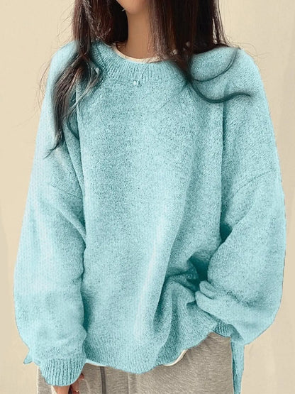 Women'S Drop Shoulder Split Hem Sweater, Casual Chic Aesthetic Long Sleeve round Neck Jumper, Women'S Knitwear Top for Fall & Winter, Sweaters for Women