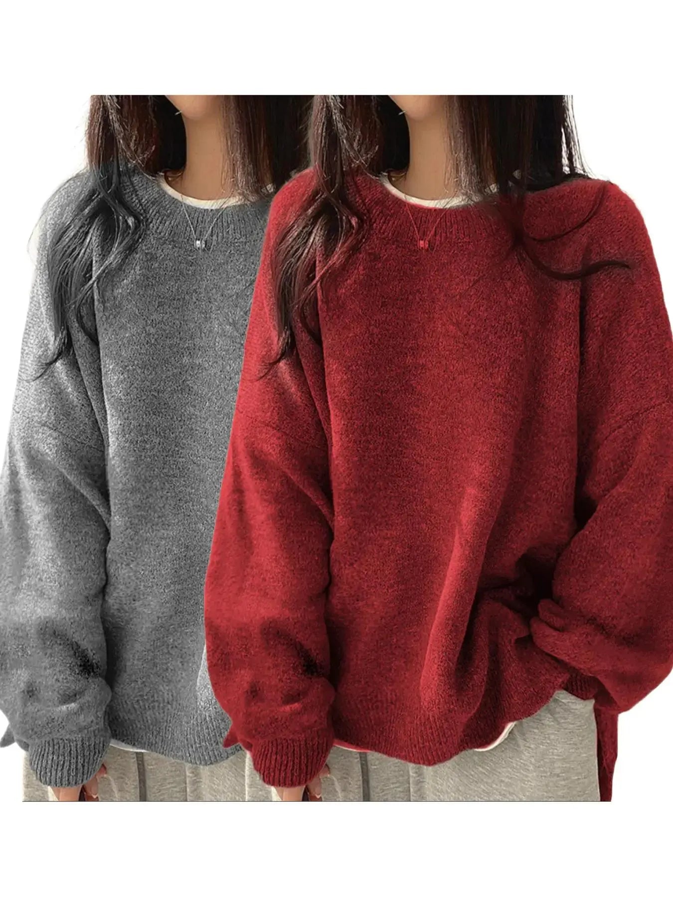 Women'S Drop Shoulder Split Hem Sweater, Casual Chic Aesthetic Long Sleeve round Neck Jumper, Women'S Knitwear Top for Fall & Winter, Sweaters for Women