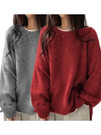 Women'S Drop Shoulder Split Hem Sweater, Casual Chic Aesthetic Long Sleeve round Neck Jumper, Women'S Knitwear Top for Fall & Winter, Sweaters for Women