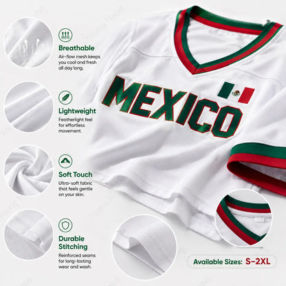 Mexico Crop Jersey Women White Mexican Flag Graphic V Neck Short Sleeve Crop Top MEXICO Football Shirt 00 Back Print Y2K Streetwear Futbol Fan Apparel Cinco De Mayo Summer Outfit Casual Sports Tee Latin Pride Gift for Women