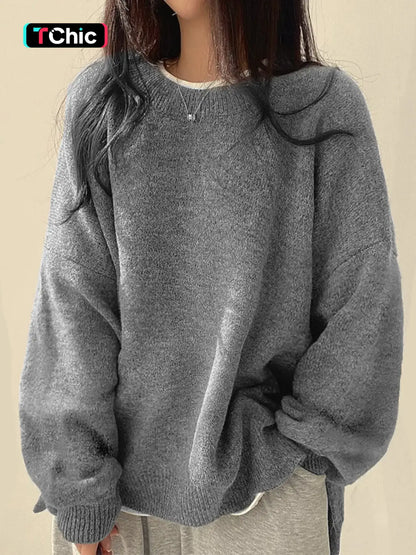 Women'S Drop Shoulder Split Hem Sweater, Casual Chic Aesthetic Long Sleeve round Neck Jumper, Women'S Knitwear Top for Fall & Winter, Sweaters for Women
