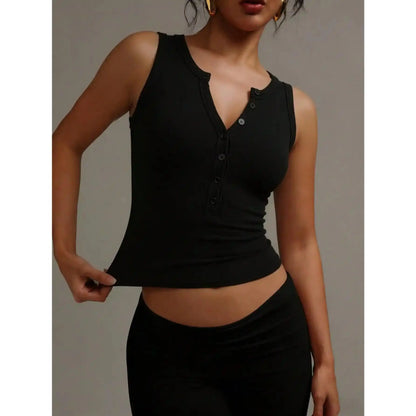 ASANDY Women'S Summer Minimalist Solid Black Sleeveless Fitted Tank Top with Button Half Placket, Casual Sporty Sports Top for Yoga Workouts, Sporty Sports Tops
