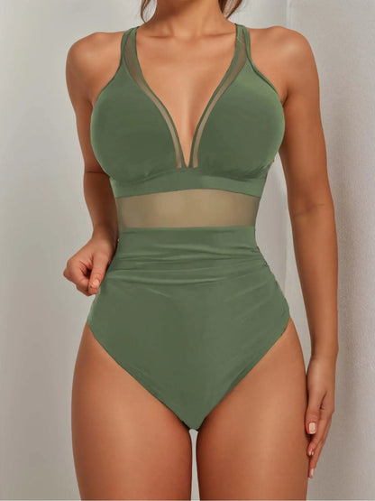 New Solid Color V Neck Mesh Patchwork Crinkle One Piece Bikini, Casual Summer Swimwear, Thin Fabric, Fitted Style