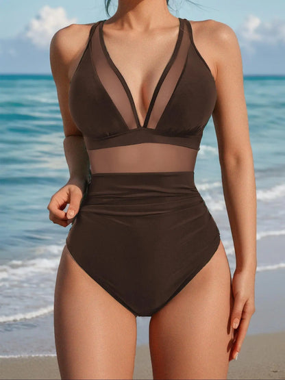 New Solid Color V Neck Mesh Patchwork Crinkle One Piece Bikini, Casual Summer Swimwear, Thin Fabric, Fitted Style