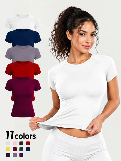 Women'S New Nylon High Stretch Moisture Wicking Seamless Short Sleeve Fitness T-Shirt, Butt Coverage Long Sleeves