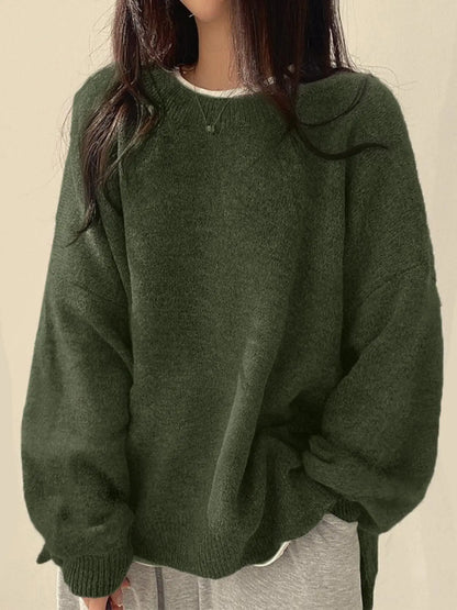 Women'S Drop Shoulder Split Hem Sweater, Casual Chic Aesthetic Long Sleeve round Neck Jumper, Women'S Knitwear Top for Fall & Winter, Sweaters for Women