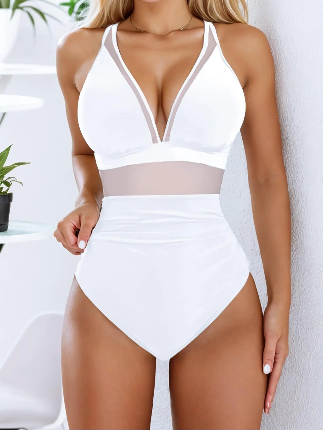 New Solid Color V Neck Mesh Patchwork Crinkle One Piece Bikini, Casual Summer Swimwear, Thin Fabric, Fitted Style