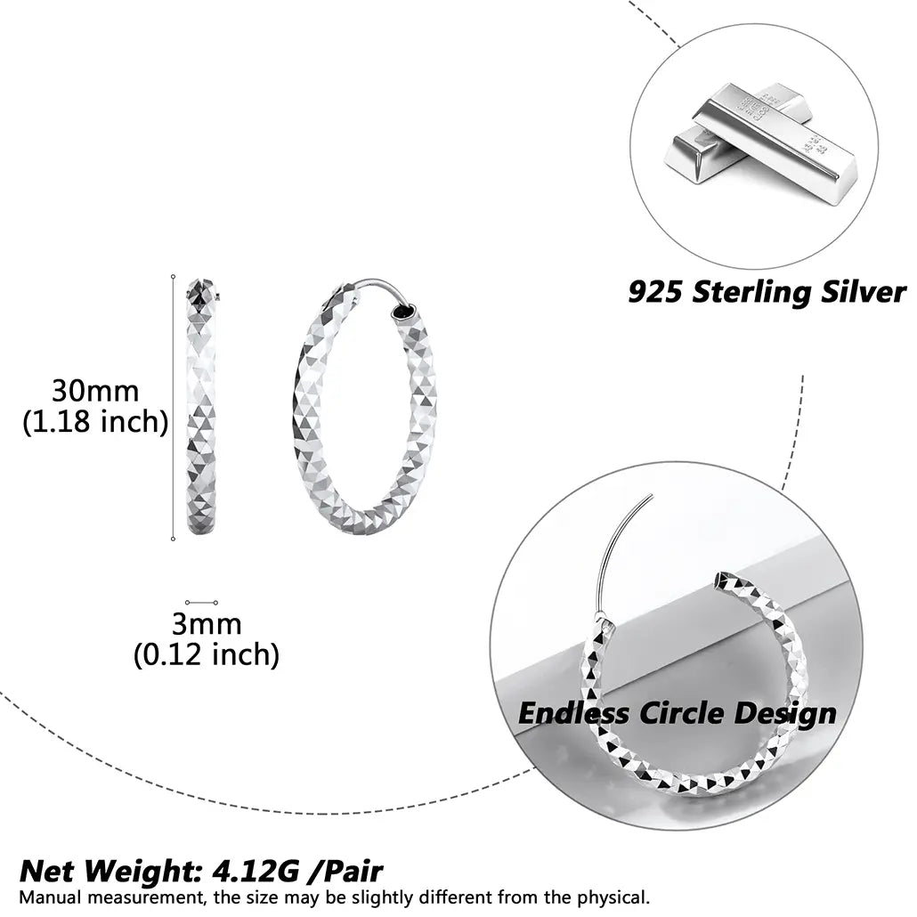 Chicsilver Stackable Dainty Daily Minimalist Simple Casual High Polished Grid Cut 925 Sterling Silver Endless Circle 3/5/7Cm Width Hoop Huggie Earrings for Women