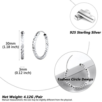 Chicsilver Stackable Dainty Daily Minimalist Simple Casual High Polished Grid Cut 925 Sterling Silver Endless Circle 3/5/7Cm Width Hoop Huggie Earrings for Women