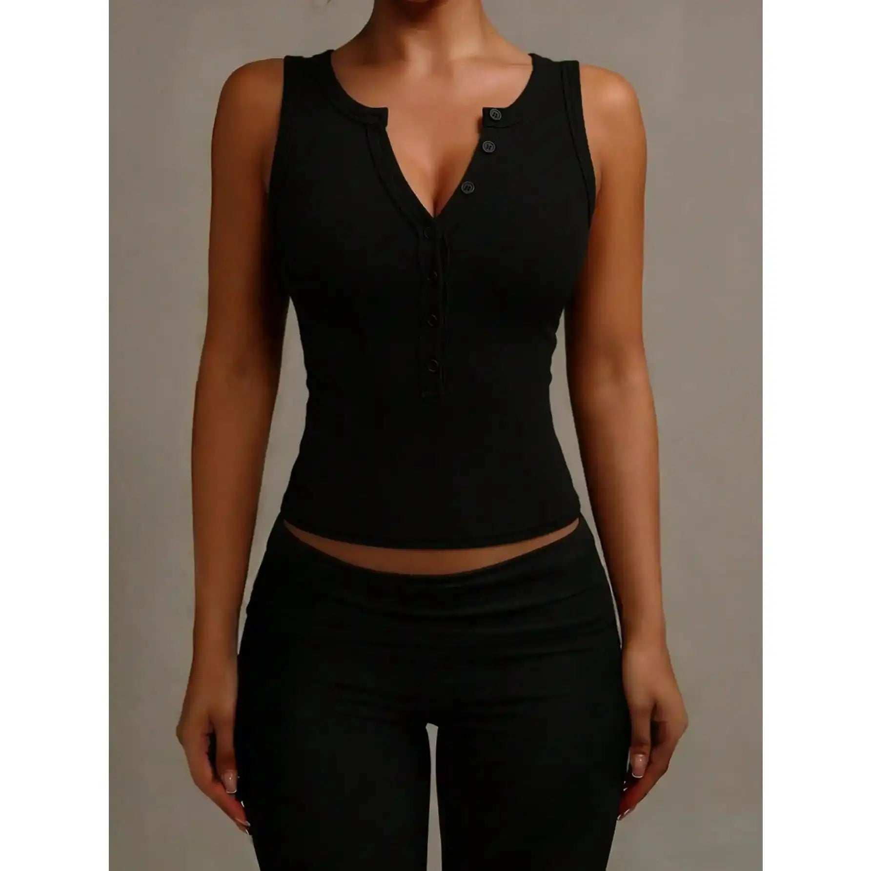 ASANDY Women'S Summer Minimalist Solid Black Sleeveless Fitted Tank Top with Button Half Placket, Casual Sporty Sports Top for Yoga Workouts, Sporty Sports Tops