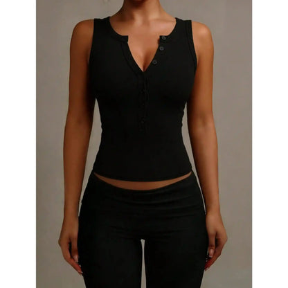 ASANDY Women'S Summer Minimalist Solid Black Sleeveless Fitted Tank Top with Button Half Placket, Casual Sporty Sports Top for Yoga Workouts, Sporty Sports Tops