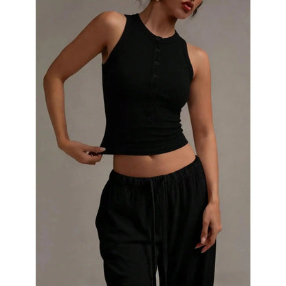 ASANDY Women'S Summer Minimalist Solid Black Sleeveless Fitted Tank Top with Button Half Placket, Casual Sporty Sports Top for Yoga Workouts, Sporty Sports Tops