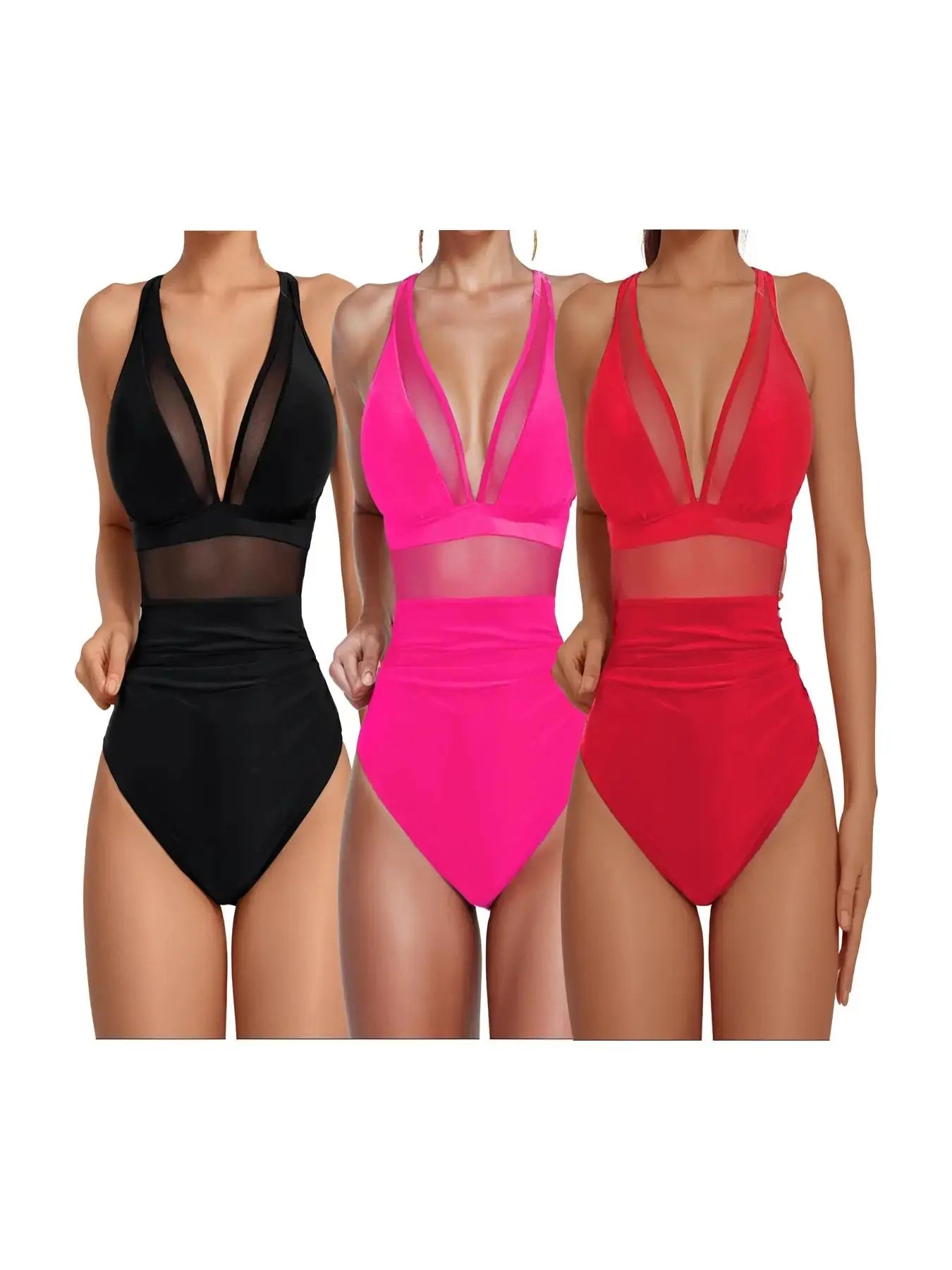 New Solid Color V Neck Mesh Patchwork Crinkle One Piece Bikini, Casual Summer Swimwear, Thin Fabric, Fitted Style