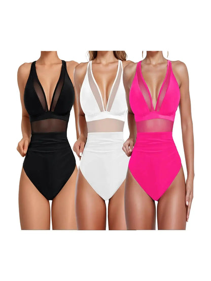 New Solid Color V Neck Mesh Patchwork Crinkle One Piece Bikini, Casual Summer Swimwear, Thin Fabric, Fitted Style
