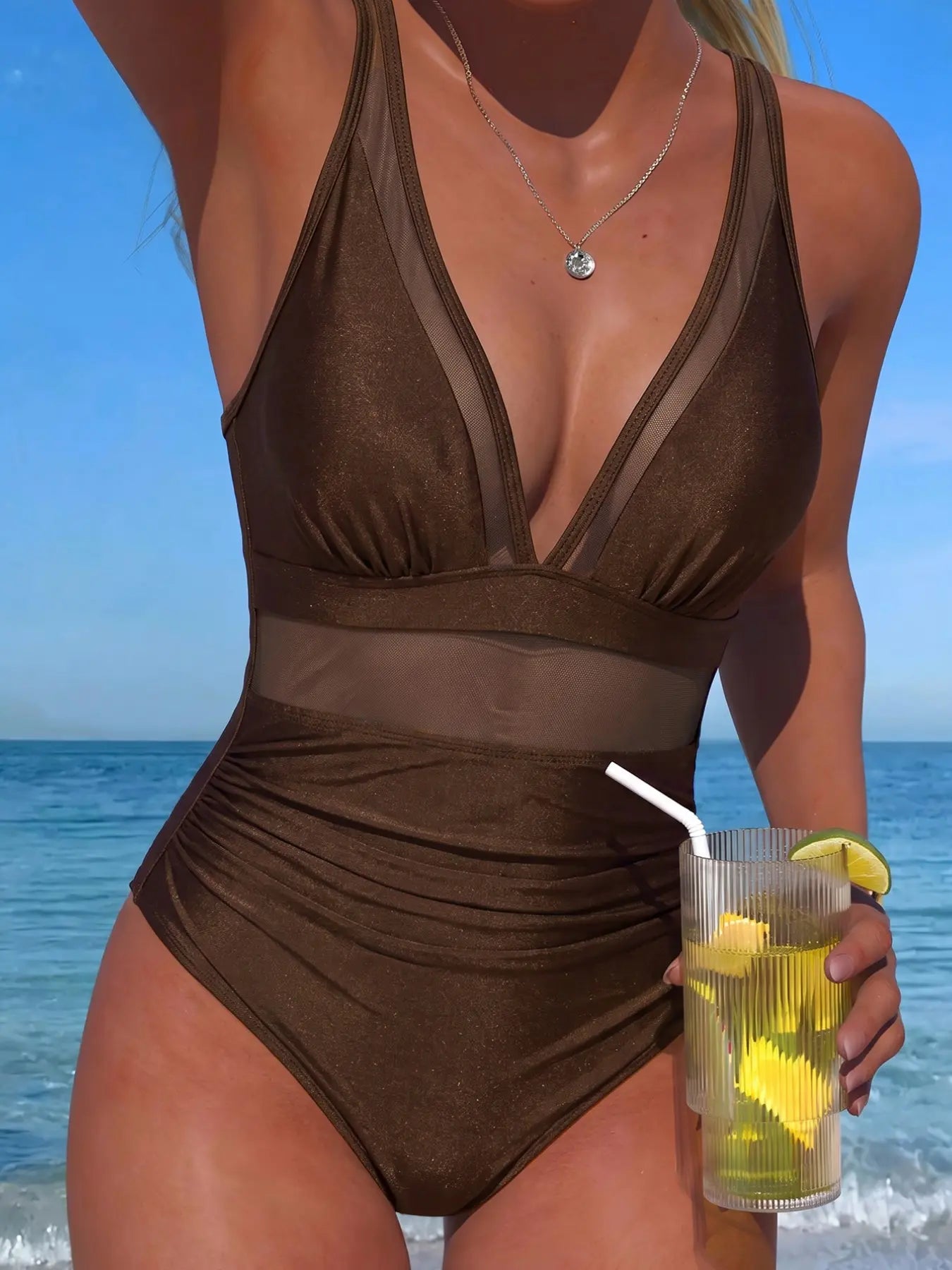 New Solid Color V Neck Mesh Patchwork Crinkle One Piece Bikini, Casual Summer Swimwear, Thin Fabric, Fitted Style