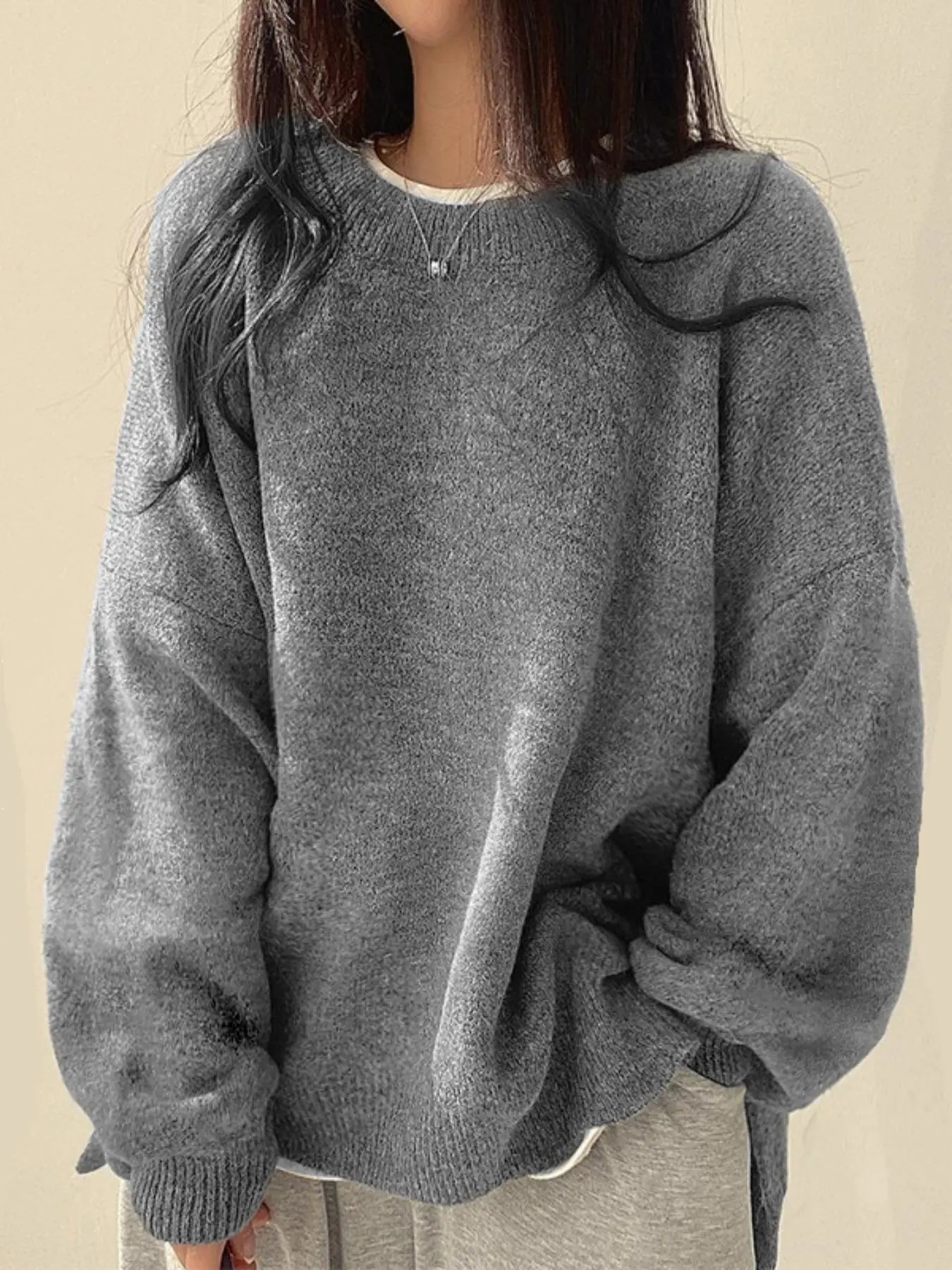 Women'S Drop Shoulder Split Hem Sweater, Casual Chic Aesthetic Long Sleeve round Neck Jumper, Women'S Knitwear Top for Fall & Winter, Sweaters for Women