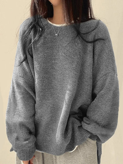 Women'S Drop Shoulder Split Hem Sweater, Casual Chic Aesthetic Long Sleeve round Neck Jumper, Women'S Knitwear Top for Fall & Winter, Sweaters for Women