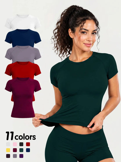 Women'S New Nylon High Stretch Moisture Wicking Seamless Short Sleeve Fitness T-Shirt, Butt Coverage Long Sleeves