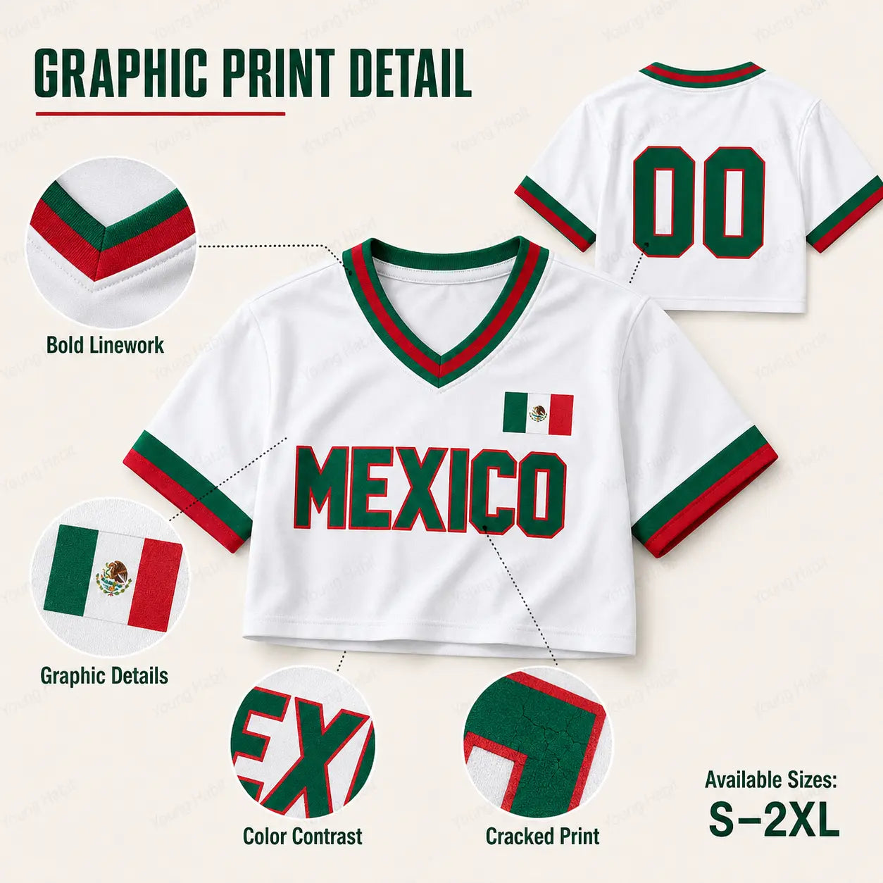 Mexico Crop Jersey Women White Mexican Flag Graphic V Neck Short Sleeve Crop Top MEXICO Football Shirt 00 Back Print Y2K Streetwear Futbol Fan Apparel Cinco De Mayo Summer Outfit Casual Sports Tee Latin Pride Gift for Women