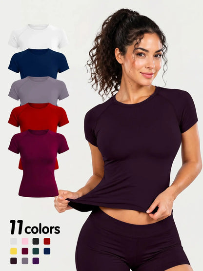 Women'S New Nylon High Stretch Moisture Wicking Seamless Short Sleeve Fitness T-Shirt, Butt Coverage Long Sleeves
