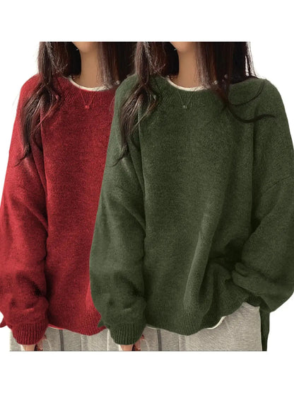 Women'S Drop Shoulder Split Hem Sweater, Casual Chic Aesthetic Long Sleeve round Neck Jumper, Women'S Knitwear Top for Fall & Winter, Sweaters for Women
