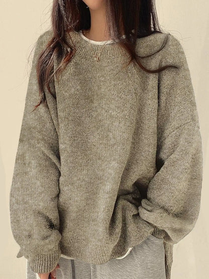Women'S Drop Shoulder Split Hem Sweater, Casual Chic Aesthetic Long Sleeve round Neck Jumper, Women'S Knitwear Top for Fall & Winter, Sweaters for Women