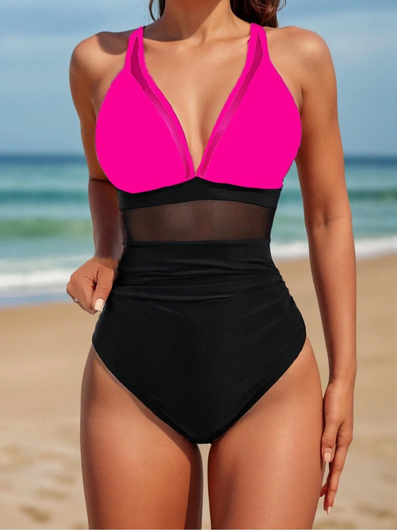 New Solid Color V Neck Mesh Patchwork Crinkle One Piece Bikini, Casual Summer Swimwear, Thin Fabric, Fitted Style