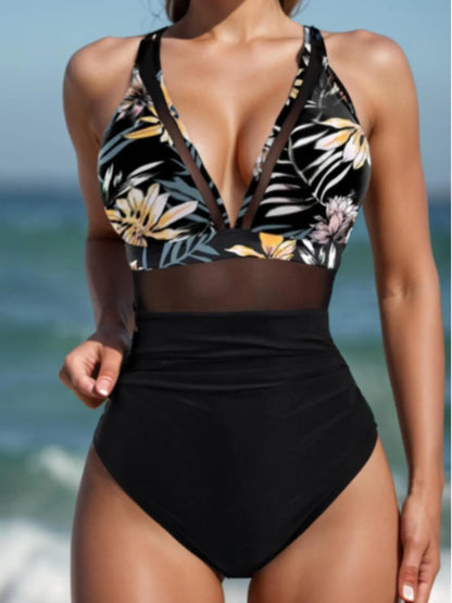 New Solid Color V Neck Mesh Patchwork Crinkle One Piece Bikini, Casual Summer Swimwear, Thin Fabric, Fitted Style