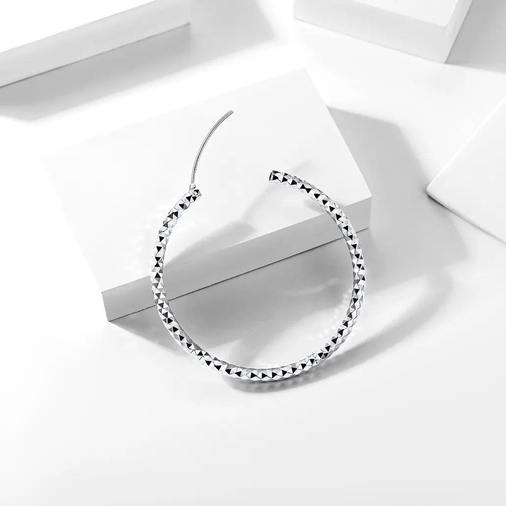Chicsilver Stackable Dainty Daily Minimalist Simple Casual High Polished Grid Cut 925 Sterling Silver Endless Circle 3/5/7Cm Width Hoop Huggie Earrings for Women