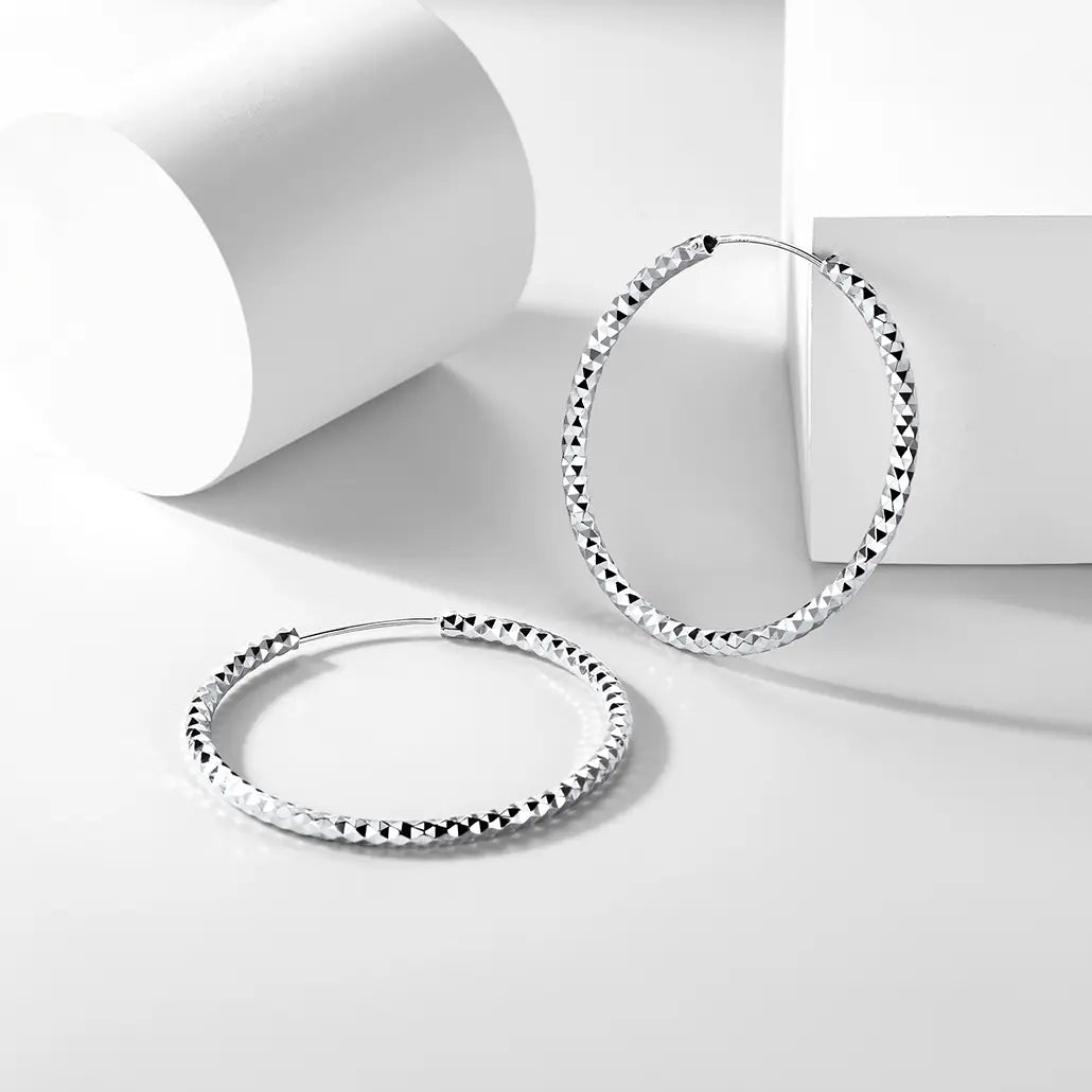 Chicsilver Stackable Dainty Daily Minimalist Simple Casual High Polished Grid Cut 925 Sterling Silver Endless Circle 3/5/7Cm Width Hoop Huggie Earrings for Women