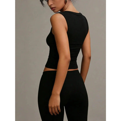 ASANDY Women'S Summer Minimalist Solid Black Sleeveless Fitted Tank Top with Button Half Placket, Casual Sporty Sports Top for Yoga Workouts, Sporty Sports Tops